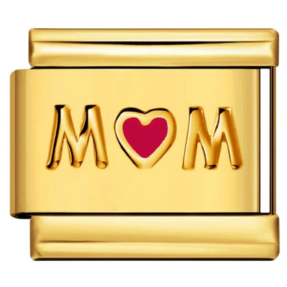 Gold Italian charm with 'MOM' and a heart