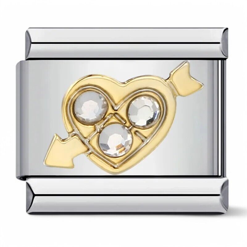 Gold heart and arrow with clear crystal italian charm 