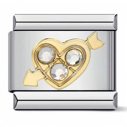 Gold heart and arrow with clear crystal italian charm 
