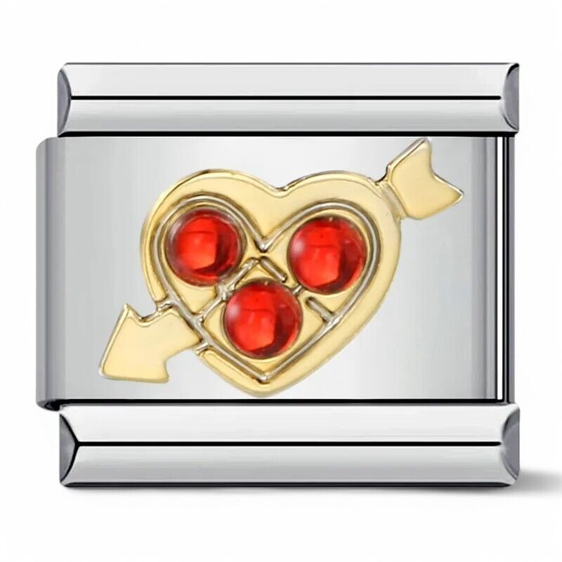 Gold heart with arrow red cubic zirconia stones  Italian charm