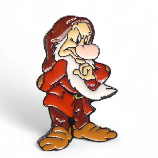 Grumpy Seven Dwarf Enamel Pin Badge .Animated character wearing a red outfit 