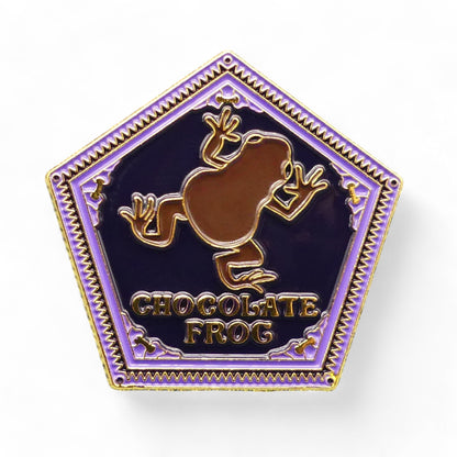 Harry Potter purple chocolate frog chocolate box with brown frog enamel pin badge