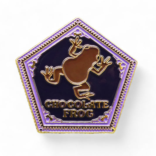 Harry Potter purple chocolate frog chocolate box with brown frog enamel pin badge