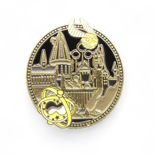 Hogwarts castle, golden snitch and time spinner enamel pin badge  
