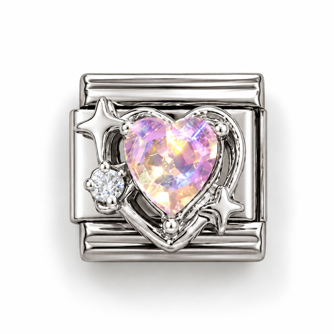 Silver Italian charm with iridescent heart center, curved halo, star and gem accents