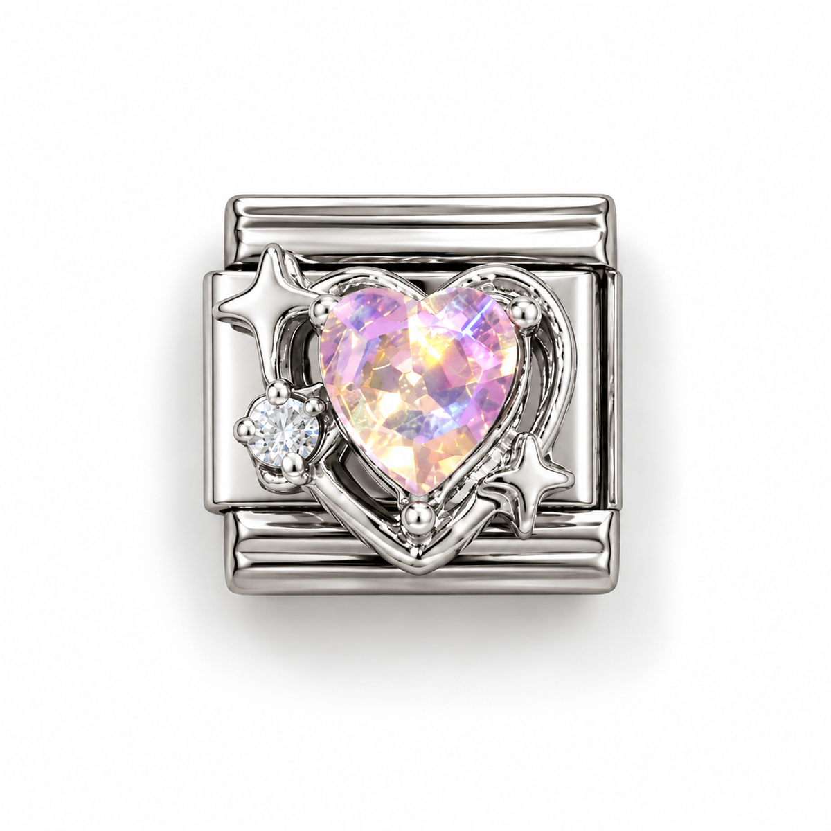 Silver heart-shaped Italian charm with iridescent gemstone, star cutouts, bright side stones