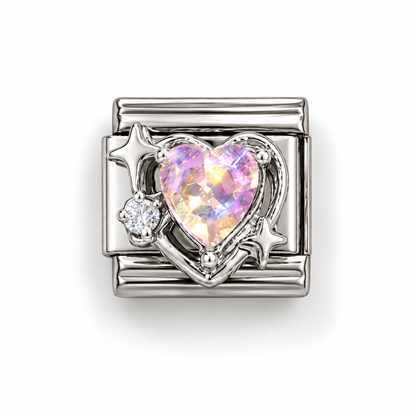 Silver heart-shaped Italian charm with iridescent gemstone, star cutouts, bright side stones