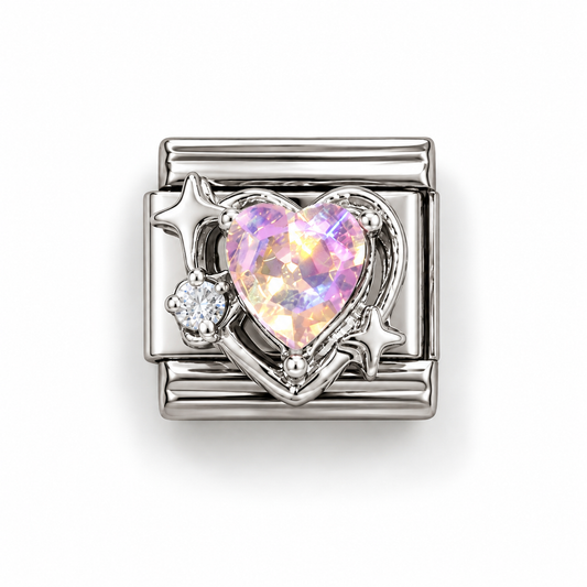 Silver heart-shaped Italian charm with iridescent gemstone, star cutouts, bright side stones