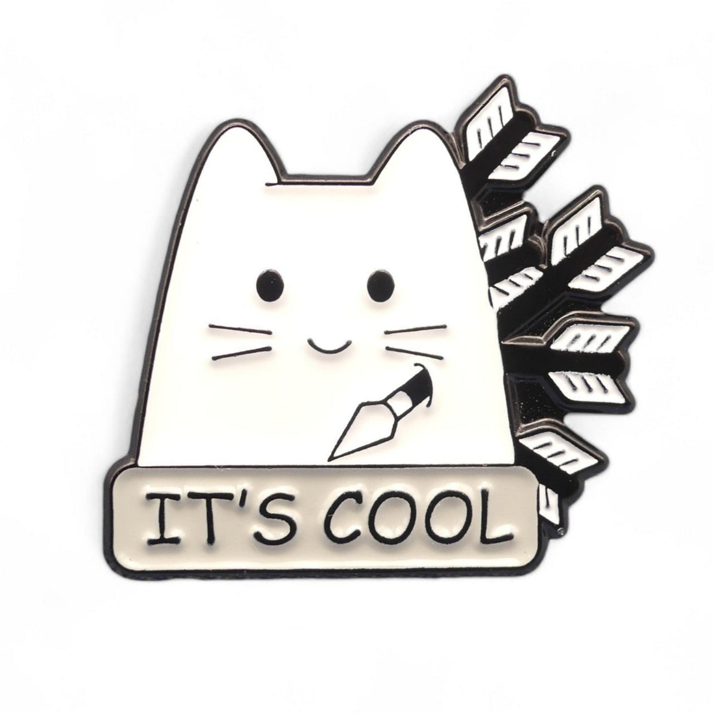 White cartoon cat with arrows with text its cool enamel pin badge 