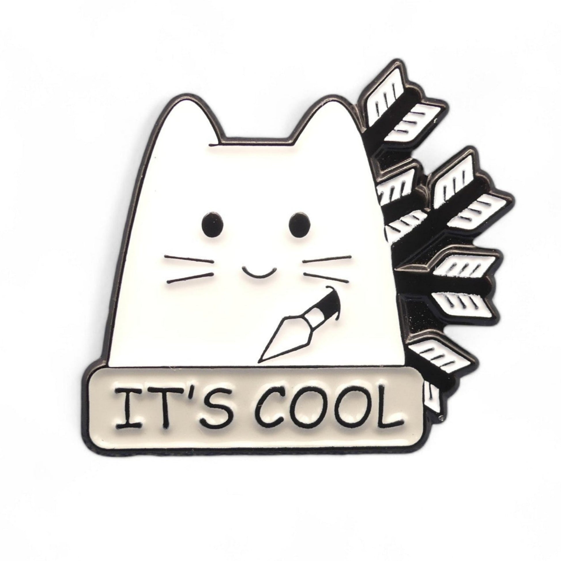 White cartoon cat with arrows with text its cool enamel pin badge 