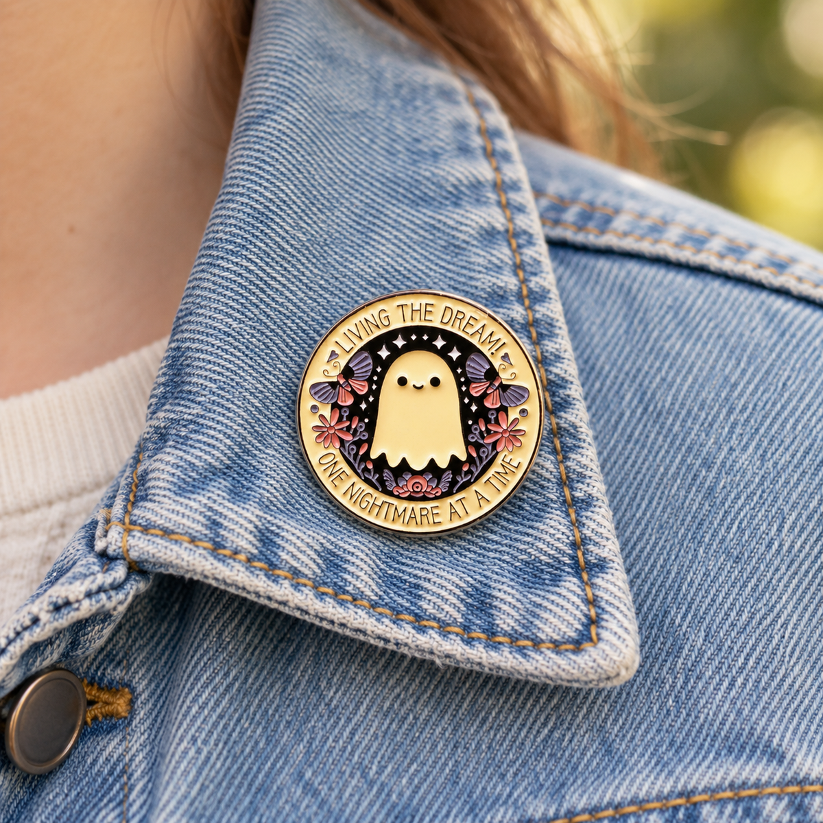 Enamel ghost pin badge with “Living the Dream” text on denim jacket lapel