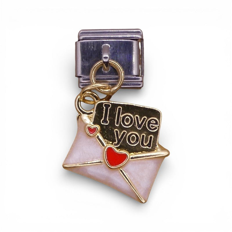 Italian dangle charm pink envelope with gold letter and red hearts and 'I love you' message