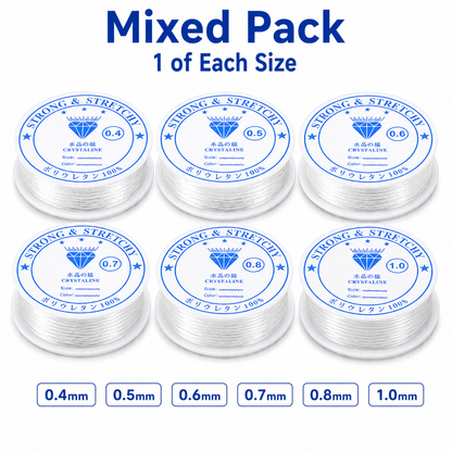 Mixed pack of clear elastic beading thread spools, sizes 0.4mm–1.0mm