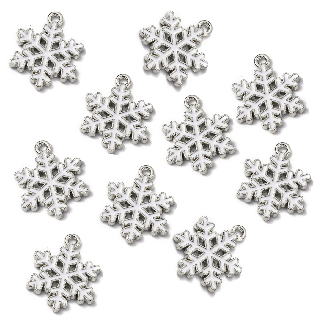 10 White Snowflake Enamel Charms