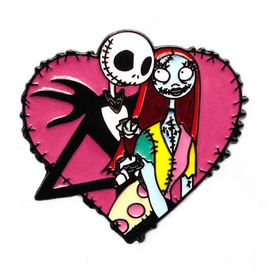 Pink heart shaped enamel pin badge with Jack and Sally from Nightmare Before Christmas