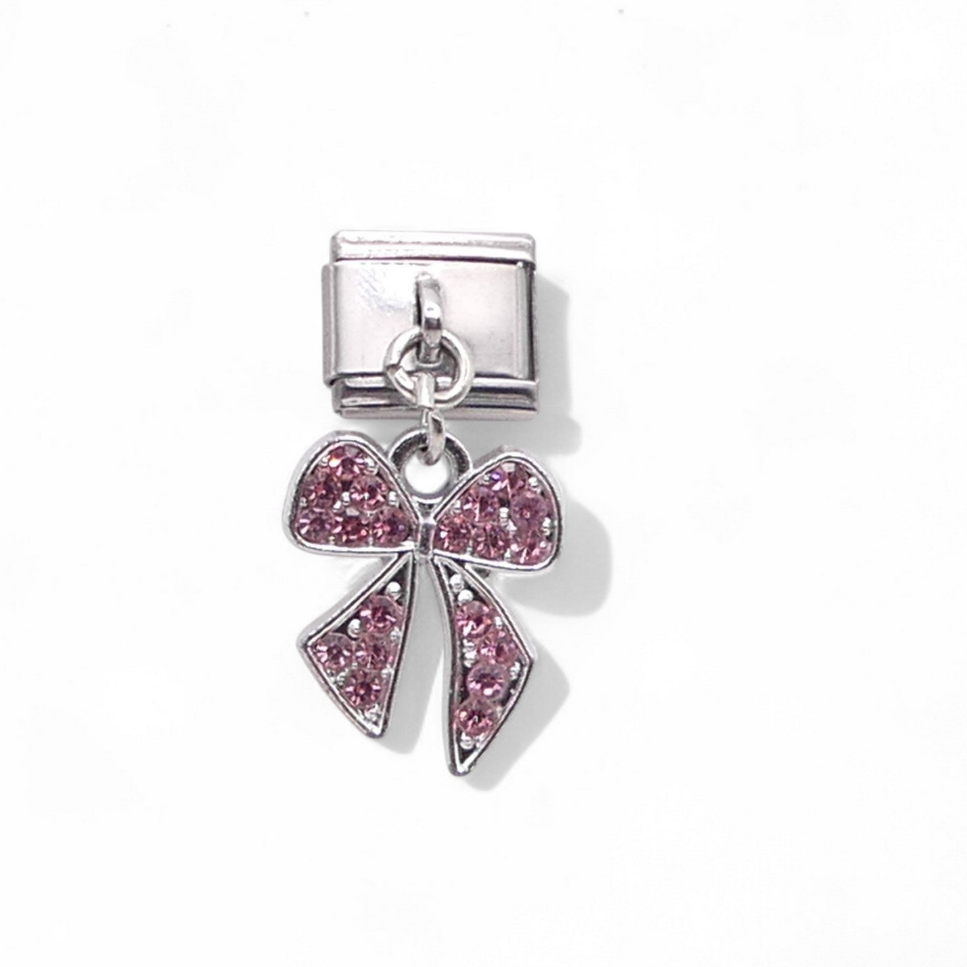 Silver with pink crystals bow Italian dangle charm