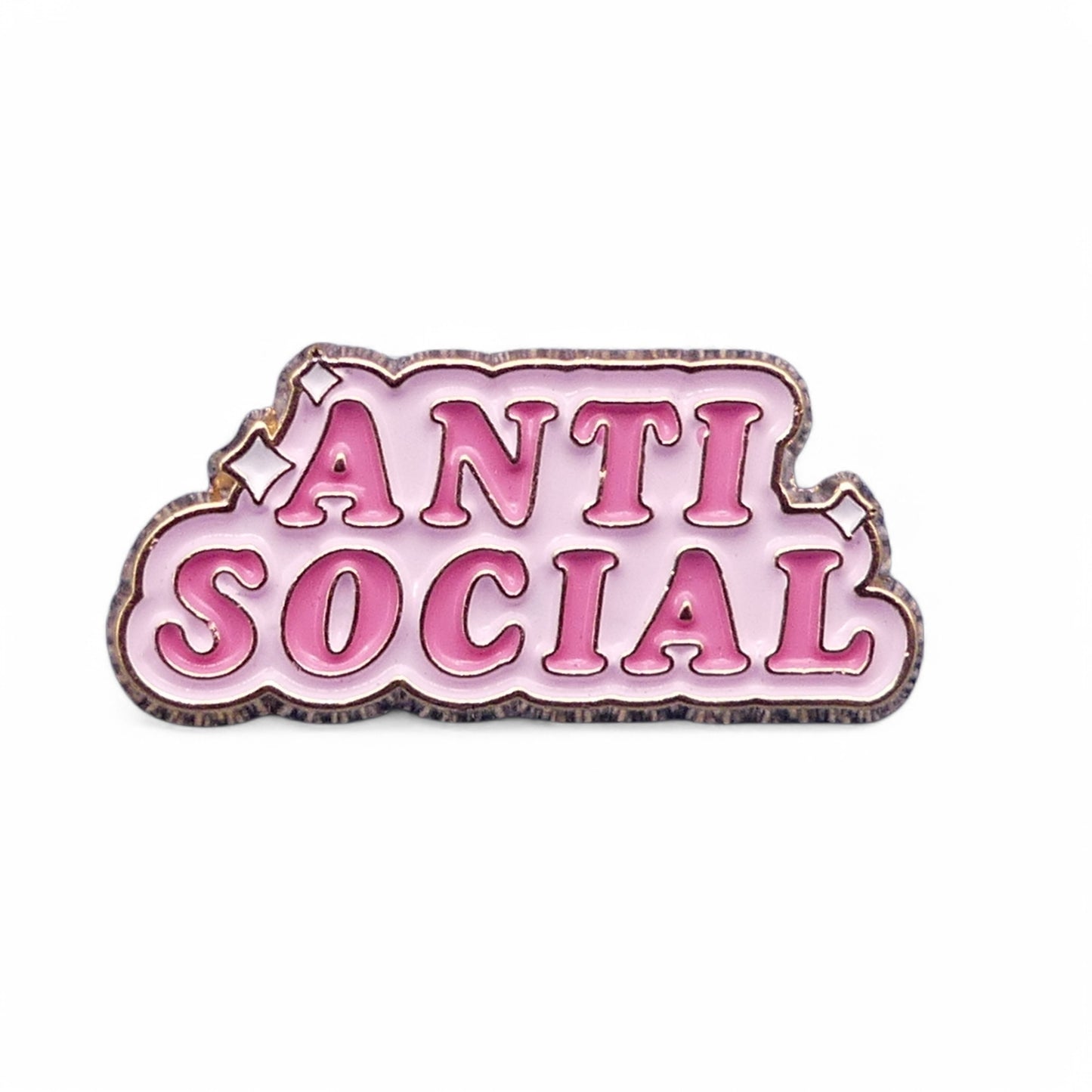 Pink enamel pin with 'ANTI SOCIAL' text 