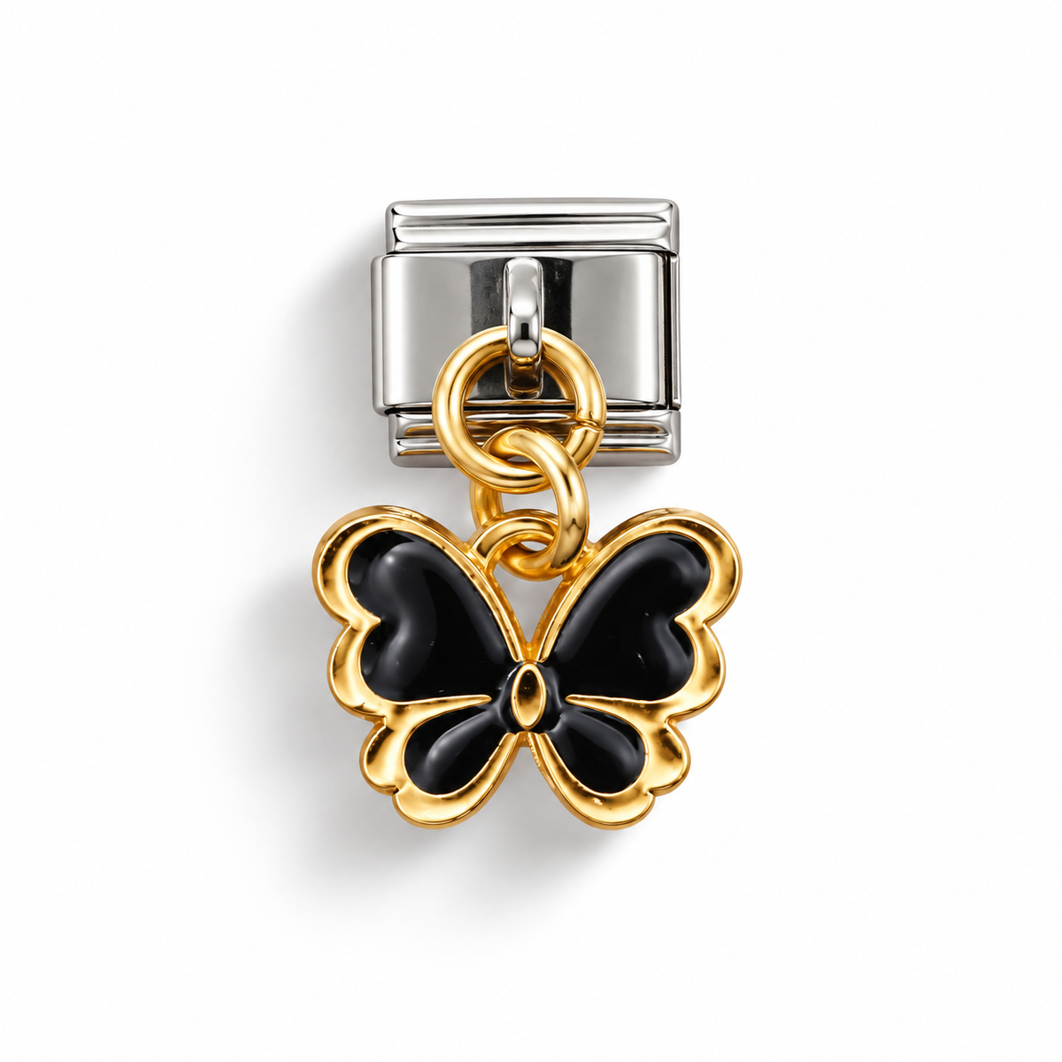 Black enamel butterfly dangle charm with gold-tone trim and a silver-tone Italian bracelet link