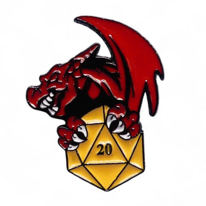 Red dragon enamel metal pin badge featuring a D20 dice design