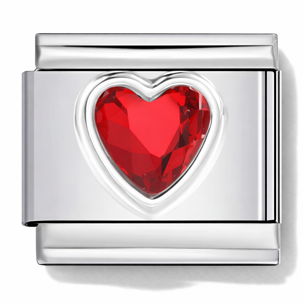 Silver Italian charm with a red heart-shaped crystal