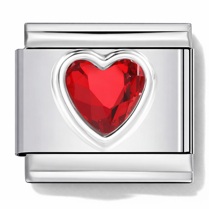 Silver Italian charm with a red heart-shaped crystal