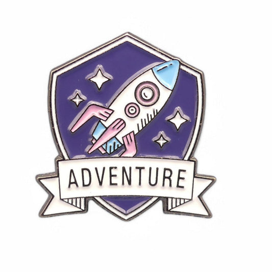 Rocket enamel pin badge with text adventure 