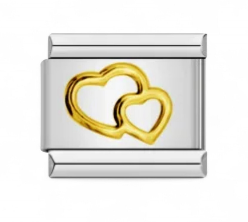 Silver Italian charm with 2 gold hearts 