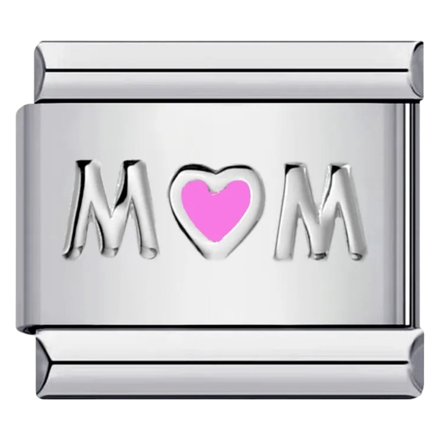 Silver Italian charm with 'MOM' and a pink heart 
