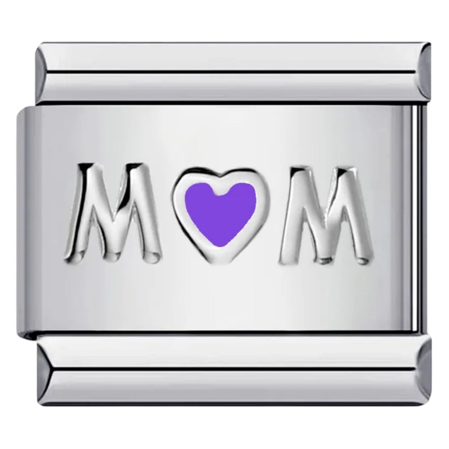Silver Italian charm with 'MOM' and a purple heart 