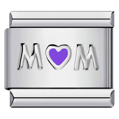 Silver Italian charm with 'MOM' and a purple heart 