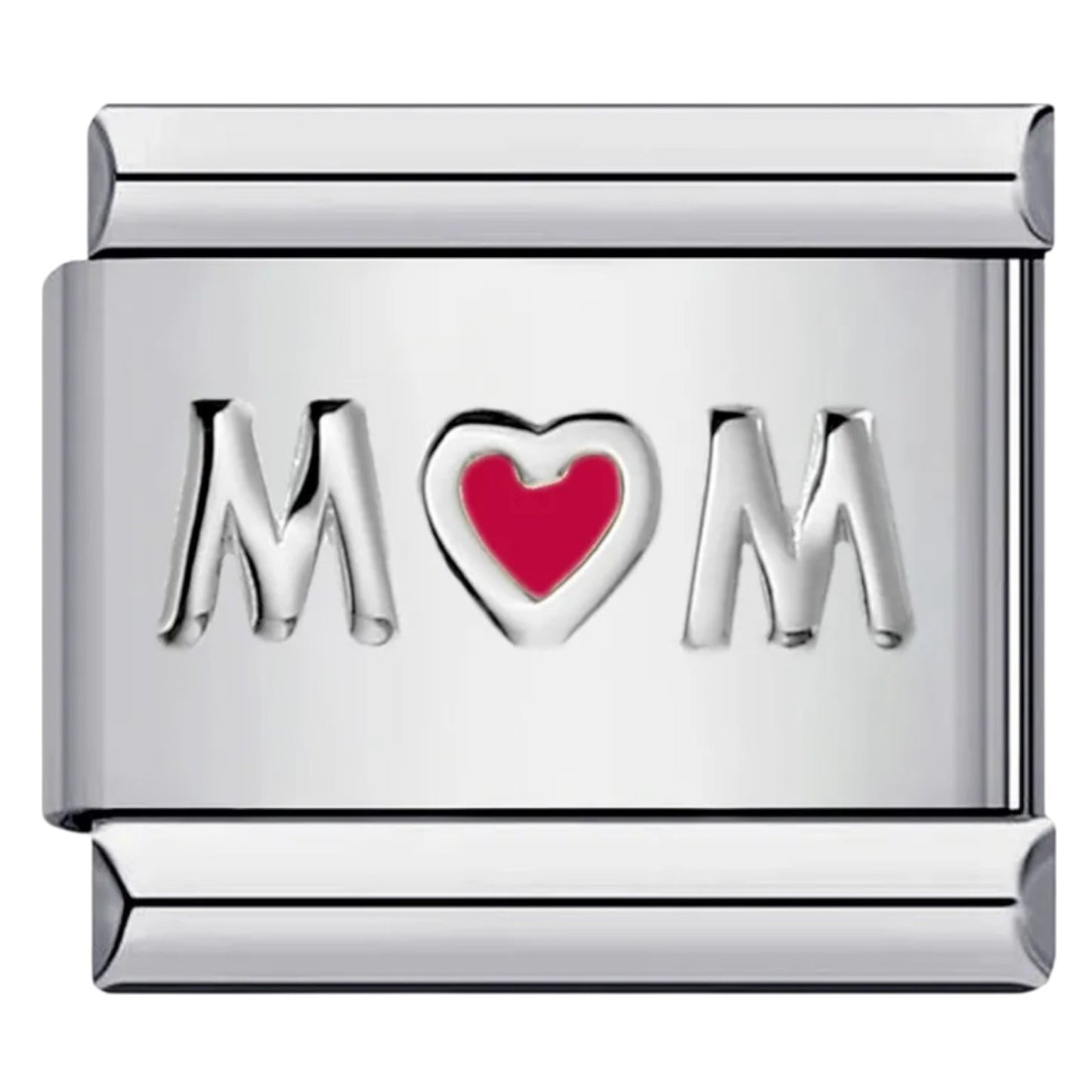 Silver Italian charm with 'MOM' and a red heart 
