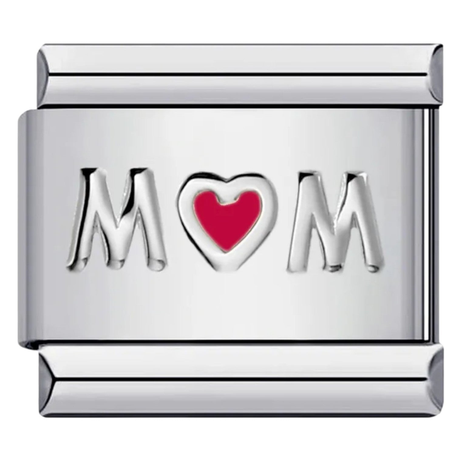 Silver Italian charm with 'MOM' and a red heart 