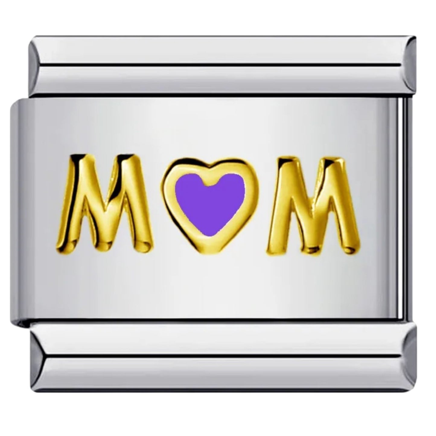 Silver Italian charm with 'MOM' in gold and a purple heart 