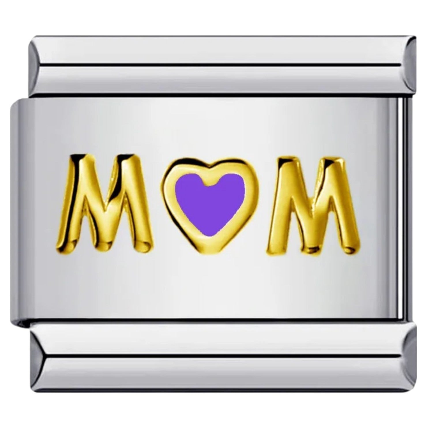 Silver Italian charm with 'MOM' in gold and a purple heart 
