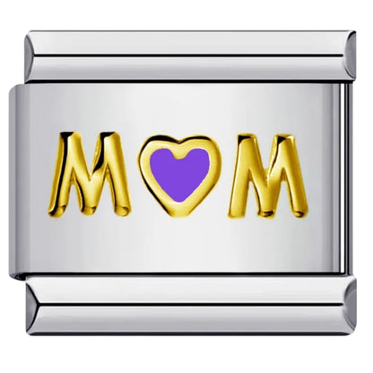 Silver Italian charm with 'MOM' in gold and a purple heart 