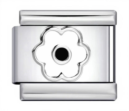 Silver Italian charm with a White and black enamel daisy design