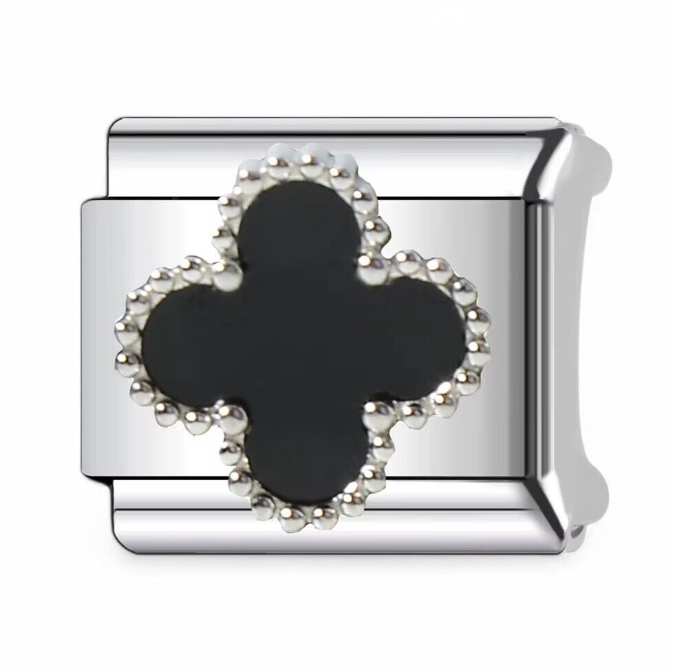 Silver Italian charm with a black clover design  