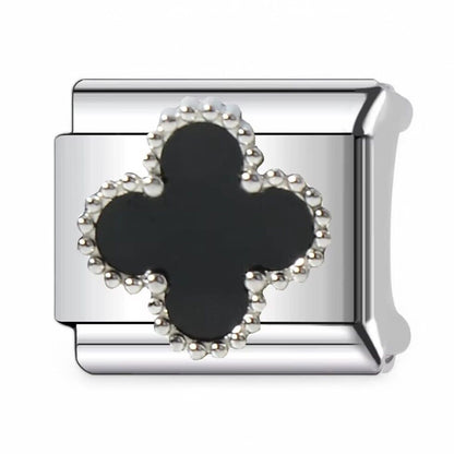 Silver Italian charm with a black clover design  