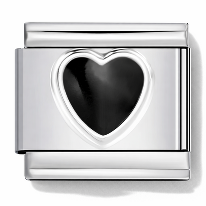Silver Italian charm with a black heart in the centre