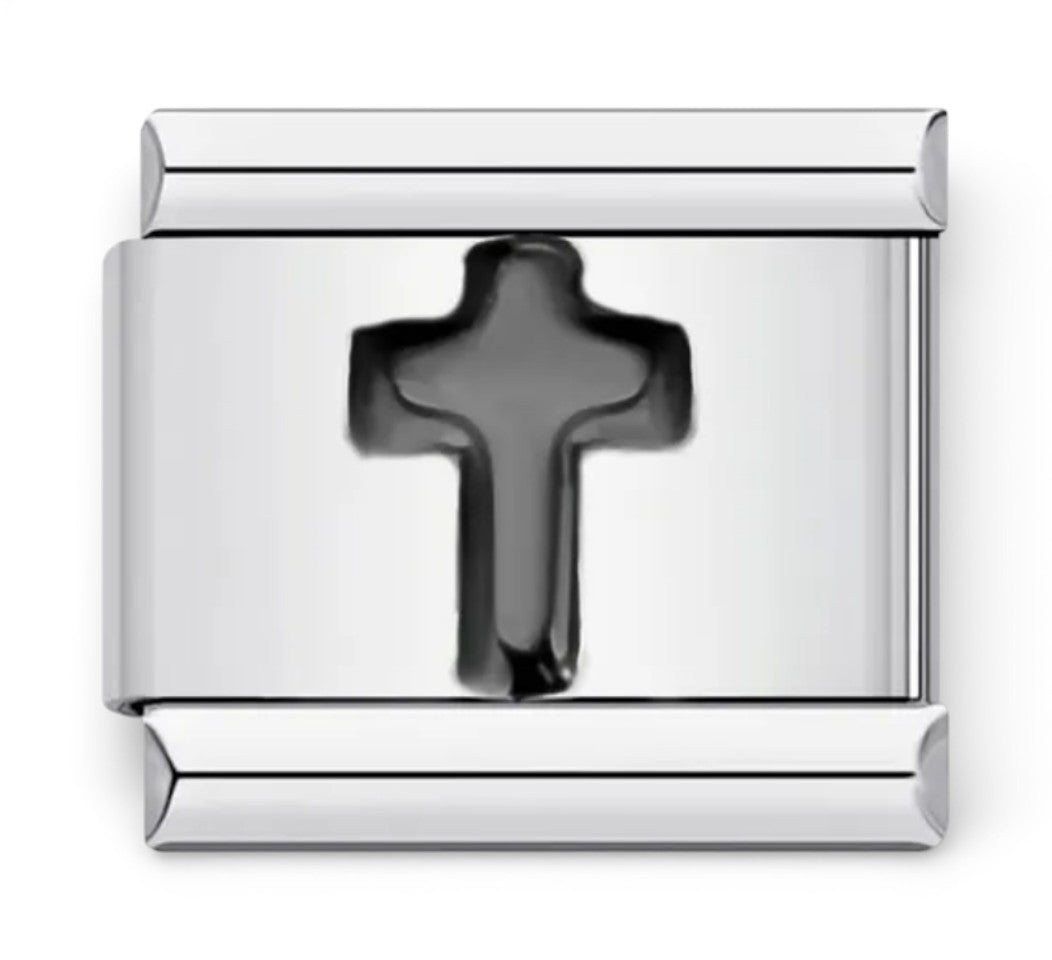 Silver Italian charm with a central black cross 
