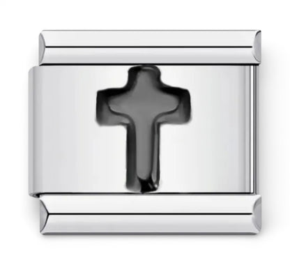 Silver Italian charm with a central black cross 