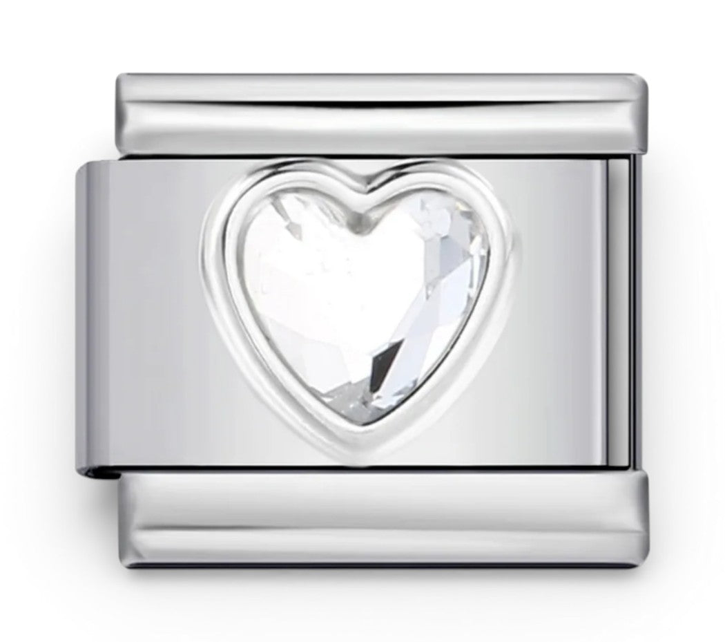 Silver Italian charm with a clear heart-shaped gem 