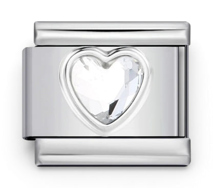 Silver Italian charm with a clear heart-shaped gem 