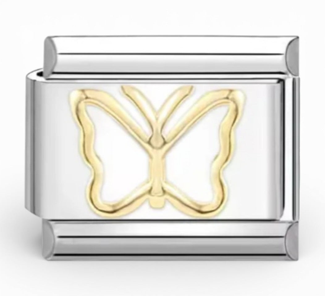 Silver Italian charm with a gold and white butterfly design 
