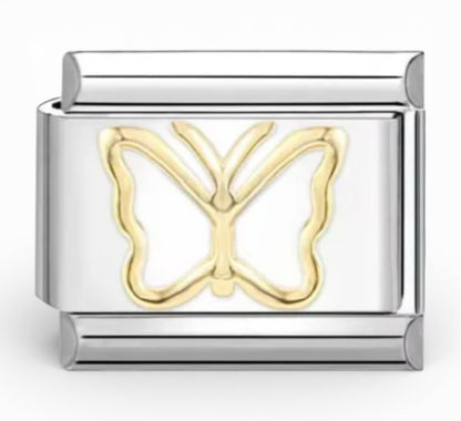 Silver Italian charm with a gold and white butterfly design 