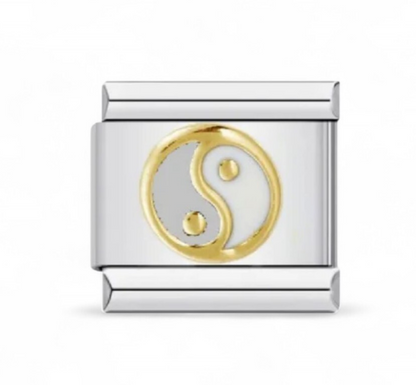 Silver Italian charm with a gold yin yang symbol