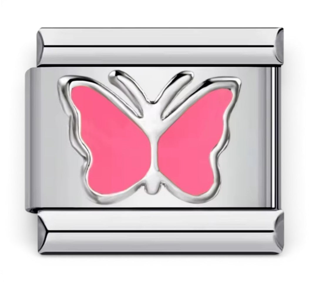 Silver Italian charm with a pink butterfly 