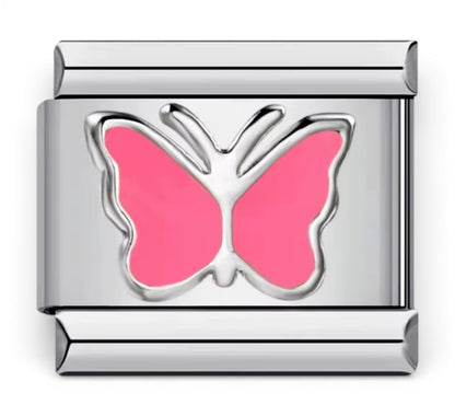 Silver Italian charm with a pink butterfly 