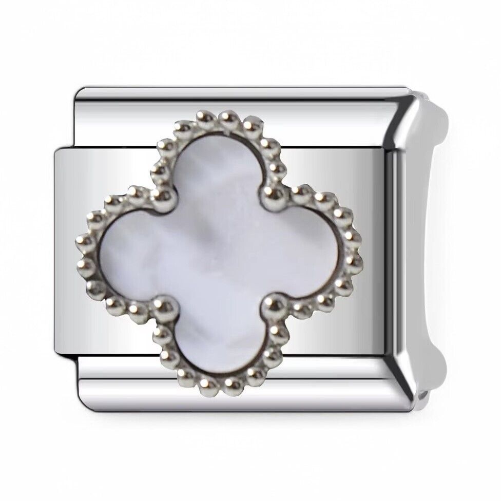 Silver Italian charm with a white clover design