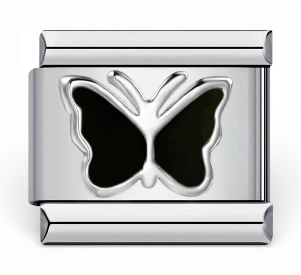 Silver Italian charm with black butterfly design 